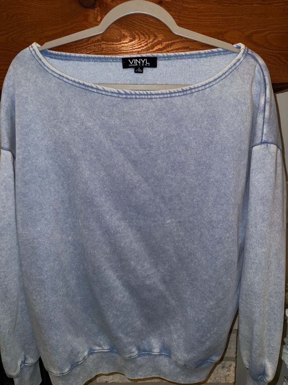 Vinyl Icons Blue Acid Wash Off The Shoulder Sweatshirt